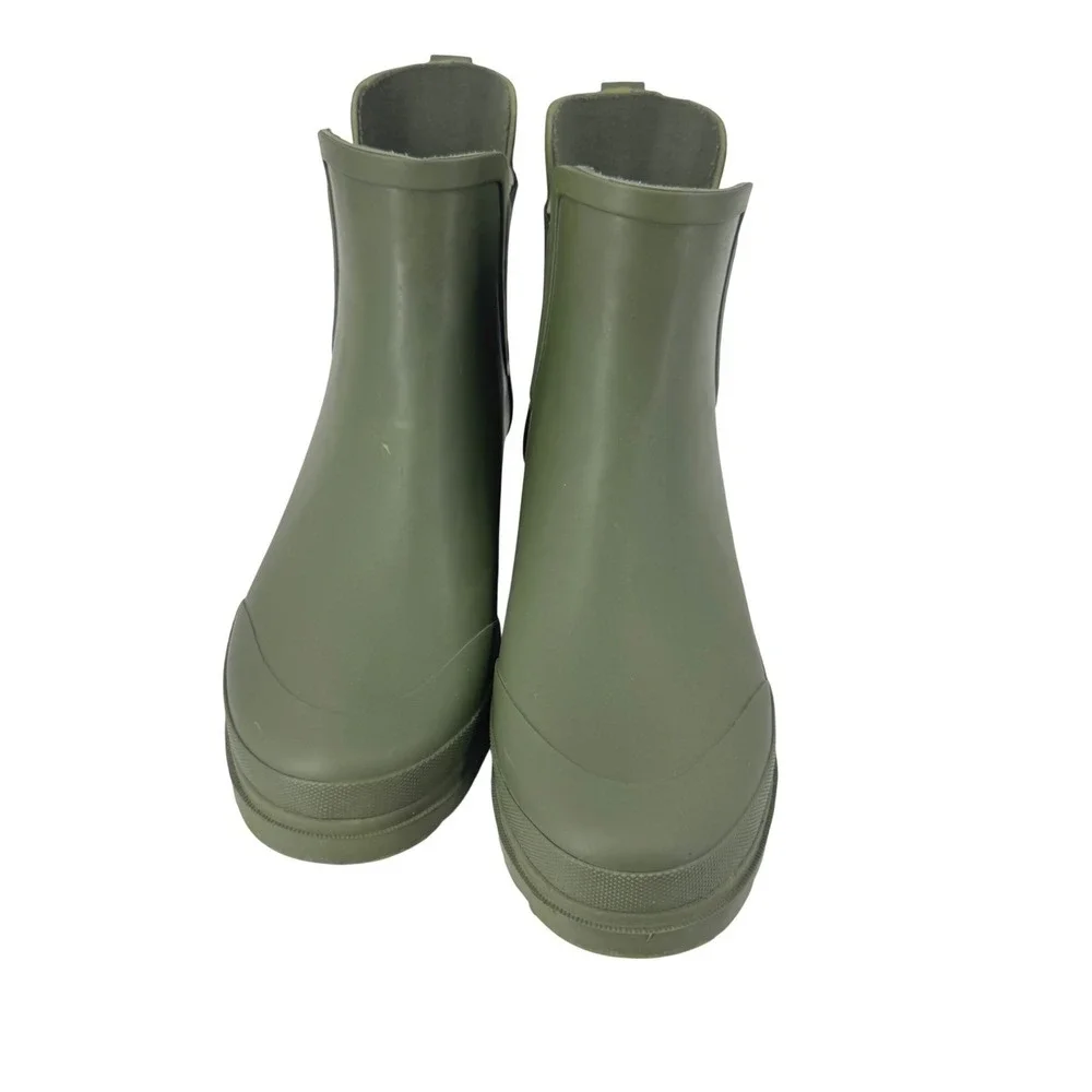 J.Crew Womens Chelsea Rain Boots Olive Green Rubber Ankle Boot / Bootie Lug Sole